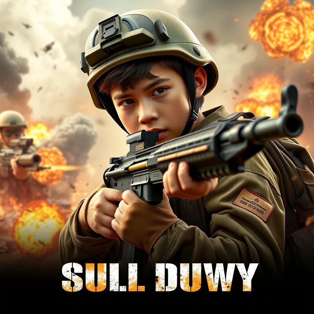 An exciting action movie poster featuring a young soldier, clad in tactical military gear, wielding a rifle