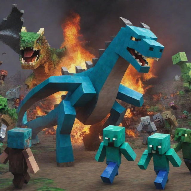 Transform the Minecraft battle scene: The summoned dragons unleash their fury on the zombie horde, causing mass destruction. Depict the remnants of the zombie forces scattering and fleeing in disarray.