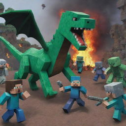 Transform the Minecraft battle scene: The summoned dragons unleash their fury on the zombie horde, causing mass destruction. Depict the remnants of the zombie forces scattering and fleeing in disarray.