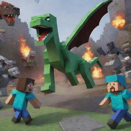 Transform the Minecraft battle scene: The summoned dragons unleash their fury on the zombie horde, causing mass destruction. Depict the remnants of the zombie forces scattering and fleeing in disarray.