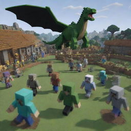 Alter the post-battle Minecraft scene to show the remaining zombie forces retreating in defeat, leaving the village safe once again under the watchful eyes of Steve and his dragon allies.