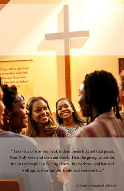 An inspirational scene depicting a group of diverse individuals gathered in a warm, inviting church setting, engaged in a meaningful discussion about spirituality and grace