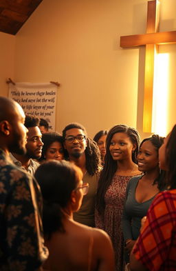 An inspirational scene depicting a group of diverse individuals gathered in a warm, inviting church setting, engaged in a meaningful discussion about spirituality and grace