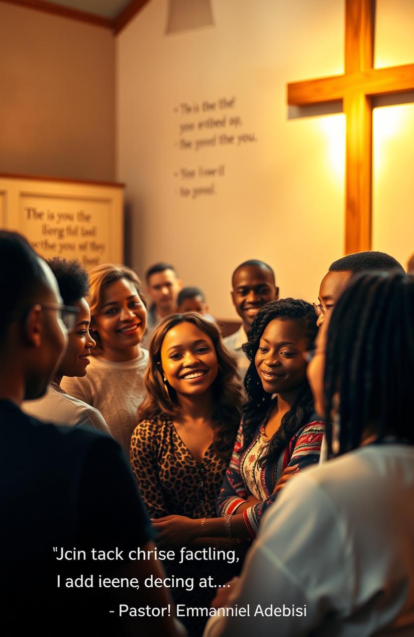 An inspirational scene depicting a group of diverse individuals gathered in a warm, inviting church setting, engaged in a meaningful discussion about spirituality and grace