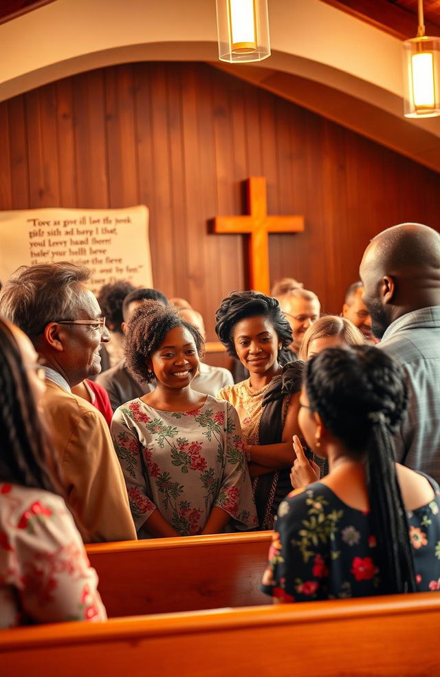 An inspirational scene depicting a group of diverse individuals gathered in a warm, inviting church setting, engaged in a meaningful discussion about spirituality and grace