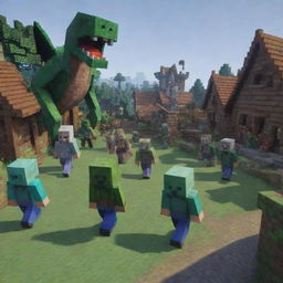 Alter the post-battle Minecraft scene to show the remaining zombie forces retreating in defeat, leaving the village safe once again under the watchful eyes of Steve and his dragon allies.