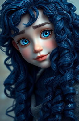 A beautiful boy with long, curly navy blue hair, pale skin, and striking azure eyes
