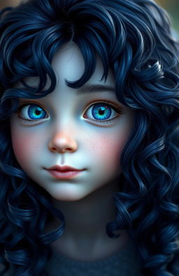 A beautiful boy with long, curly navy blue hair, pale skin, and striking azure eyes