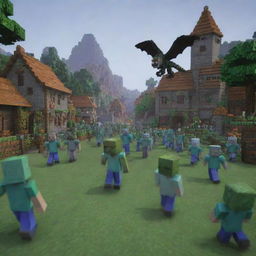 Alter the post-battle Minecraft scene to show the remaining zombie forces retreating in defeat, leaving the village safe once again under the watchful eyes of Steve and his dragon allies.