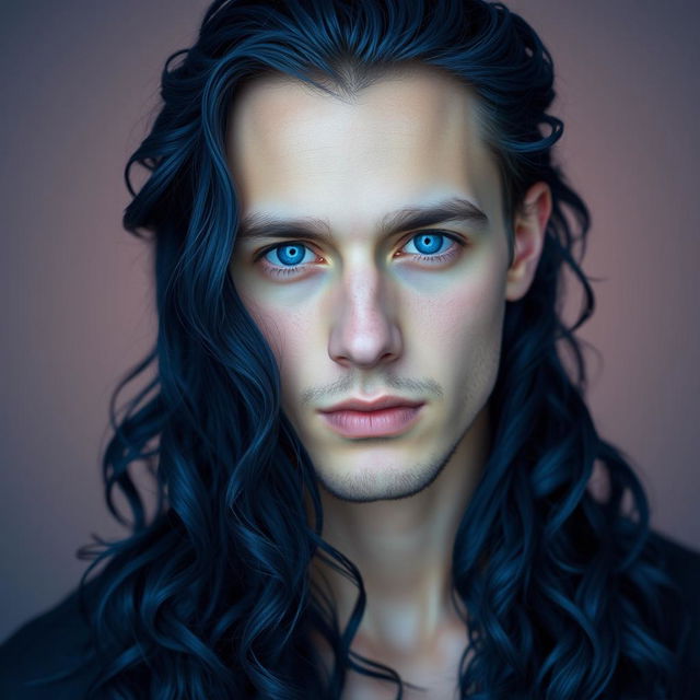 A portrait of a handsome man with long, curly, navy blue hair cascading down around his shoulders