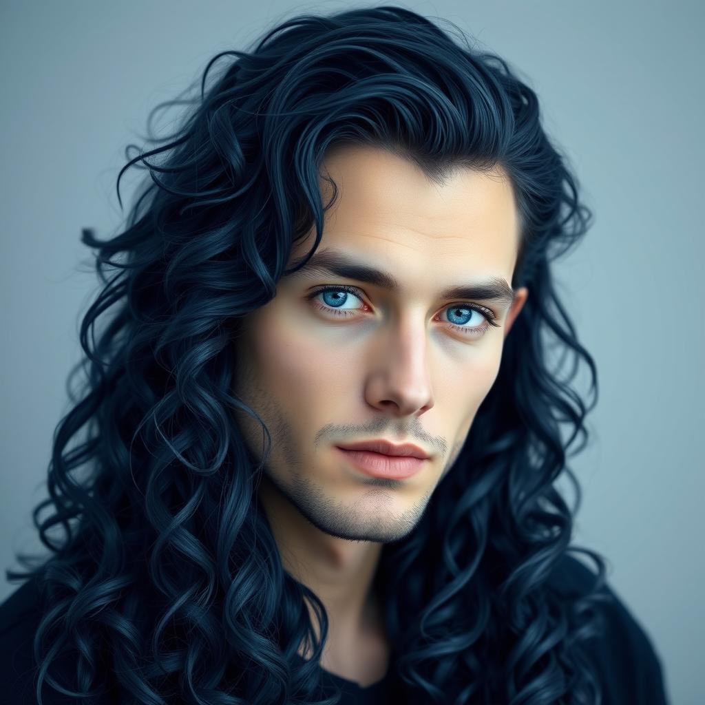 A portrait of a handsome man with long, curly, navy blue hair cascading down around his shoulders