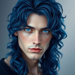 A portrait of a handsome man with long, curly, navy blue hair cascading down around his shoulders