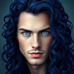 A portrait of a handsome man with long, curly, navy blue hair cascading down around his shoulders