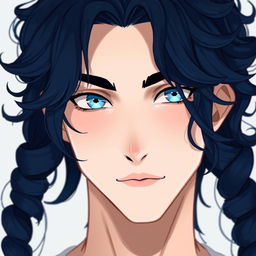 A handsome guy with long, curly navy blue locks cascading over his shoulders