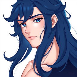 A handsome guy with long, curly navy blue locks cascading over his shoulders