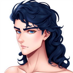 A handsome guy with long, curly navy blue locks cascading over his shoulders