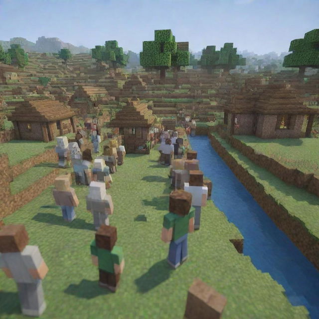 Re-visualize the Minecraft village scene to show villagers emerging from their homes, filled with immense pride and respect for Steve. Their faces reflect admiration and gratitude as they cheer for their hero.