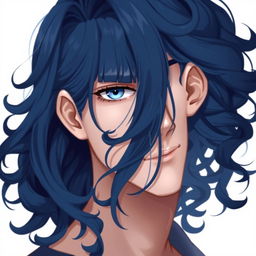 A handsome guy with long, curly navy blue locks cascading over his shoulders