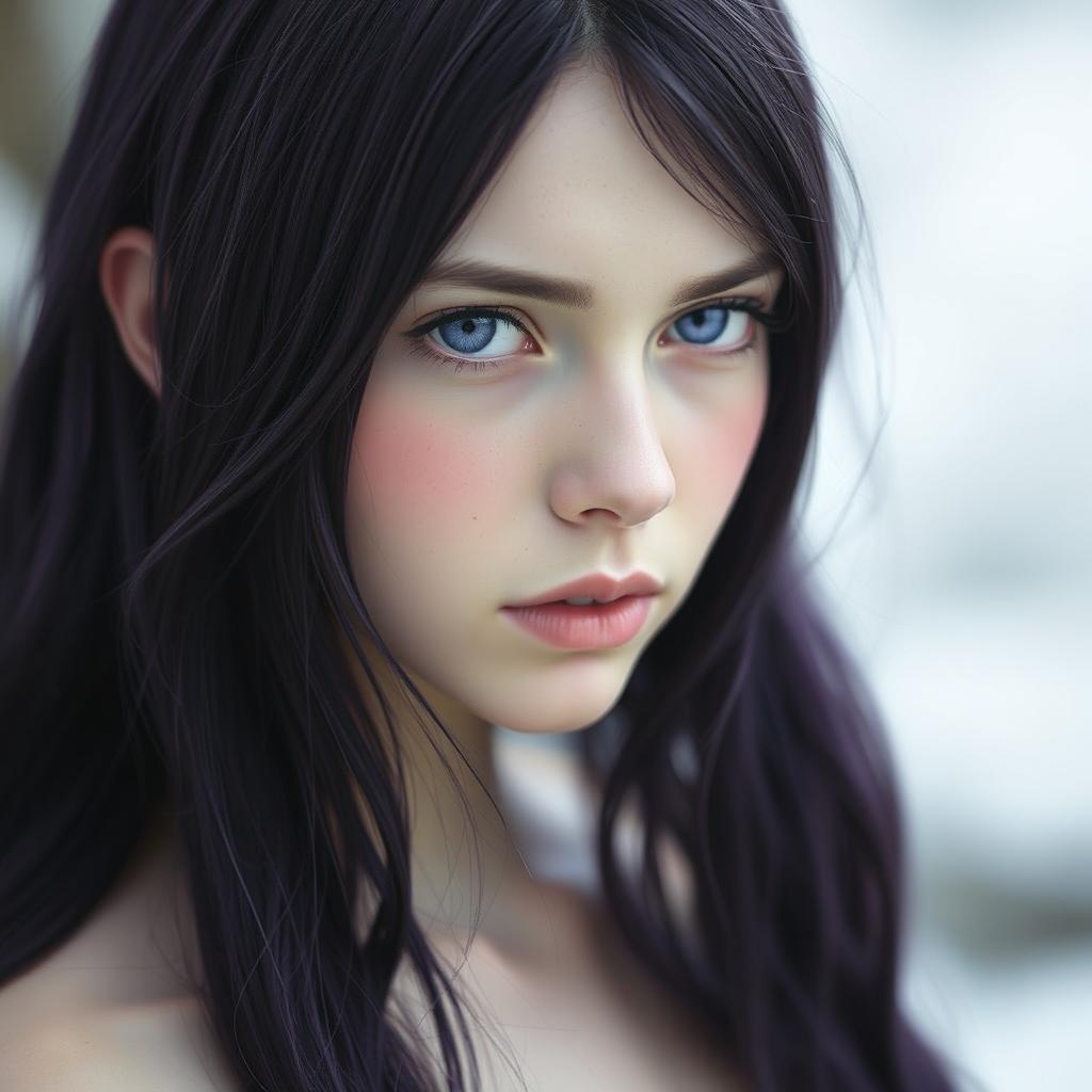 A young lady with a cold enchanting expression, featuring long dark purple locks cascading down her shoulders