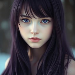 A young lady with a cold enchanting expression, featuring long dark purple locks cascading down her shoulders