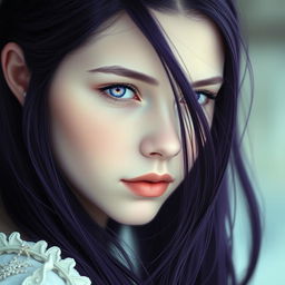 A young lady with a cold enchanting expression, featuring long dark purple locks cascading down her shoulders