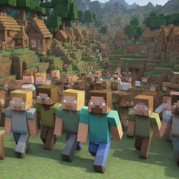 Re-visualize the Minecraft village scene to show villagers emerging from their homes, filled with immense pride and respect for Steve. Their faces reflect admiration and gratitude as they cheer for their hero.