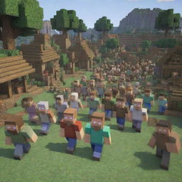 Re-visualize the Minecraft village scene to show villagers emerging from their homes, filled with immense pride and respect for Steve. Their faces reflect admiration and gratitude as they cheer for their hero.