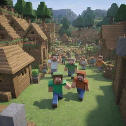 Re-visualize the Minecraft village scene to show villagers emerging from their homes, filled with immense pride and respect for Steve. Their faces reflect admiration and gratitude as they cheer for their hero.