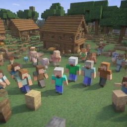 Intensify the emotion in the Minecraft village scene: Steve suddenly falls ill. Depict villagers gathering around him with expressions of deep concern, the cheer and joy replaced with worry.