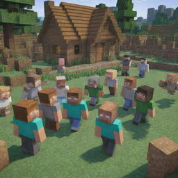 Intensify the emotion in the Minecraft village scene: Steve suddenly falls ill. Depict villagers gathering around him with expressions of deep concern, the cheer and joy replaced with worry.