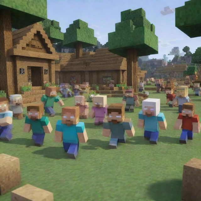 Intensify the emotion in the Minecraft village scene: Steve suddenly falls ill. Depict villagers gathering around him with expressions of deep concern, the cheer and joy replaced with worry.