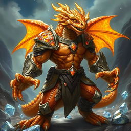 A topaz gem dragonborn character from Dungeons & Dragons, featuring glimmering scales that reflect shades of orange, yellow, and brown, sharp claws, and menacing yet wise eyes