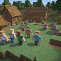 Intensify the emotion in the Minecraft village scene: Steve suddenly falls ill. Depict villagers gathering around him with expressions of deep concern, the cheer and joy replaced with worry.