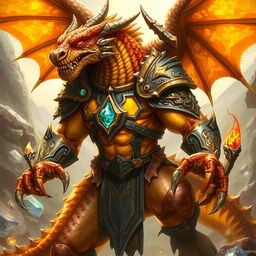 A topaz gem dragonborn character from Dungeons & Dragons, featuring glimmering scales that reflect shades of orange, yellow, and brown, sharp claws, and menacing yet wise eyes