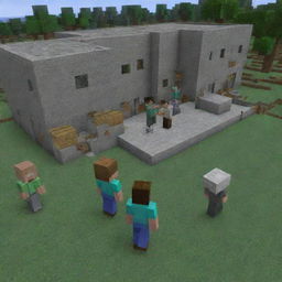 Adjust the Minecraft scene to show Steve being carefully led into a block-built hospital, with villagers looking on in somber silence, their faces mirroring the gravity of the situation.