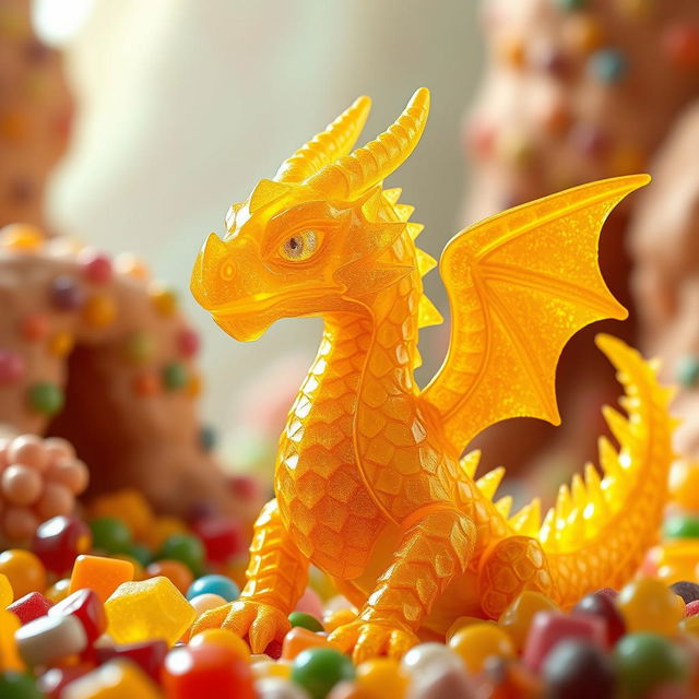 A gem dragonborn character from Dungeons & Dragons, crafted entirely from vibrant yellow hard candy, showcasing a glossy and crystalline texture