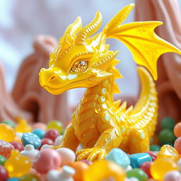 A gem dragonborn character from Dungeons & Dragons, crafted entirely from vibrant yellow hard candy, showcasing a glossy and crystalline texture