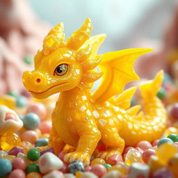 A gem dragonborn character from Dungeons & Dragons, crafted entirely from vibrant yellow hard candy, showcasing a glossy and crystalline texture