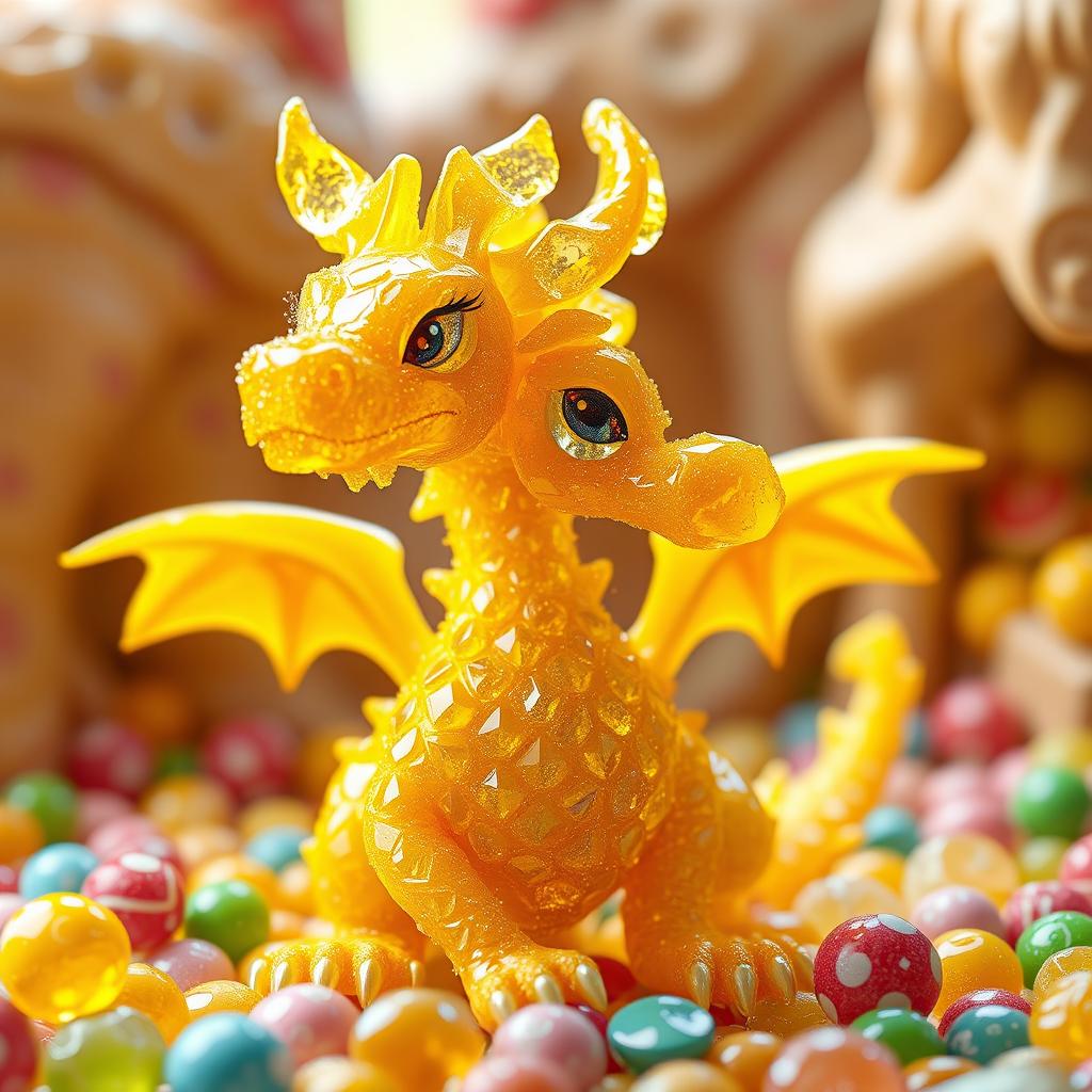 A gem dragonborn character from Dungeons & Dragons, crafted entirely from vibrant yellow hard candy, showcasing a glossy and crystalline texture