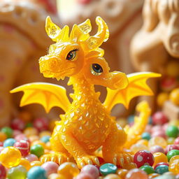 A gem dragonborn character from Dungeons & Dragons, crafted entirely from vibrant yellow hard candy, showcasing a glossy and crystalline texture