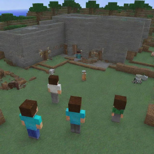 Adjust the Minecraft scene to show Steve being carefully led into a block-built hospital, with villagers looking on in somber silence, their faces mirroring the gravity of the situation.