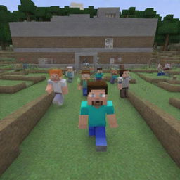 Adjust the Minecraft scene to show Steve being carefully led into a block-built hospital, with villagers looking on in somber silence, their faces mirroring the gravity of the situation.