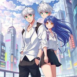 A captivating book cover for a futuristic slice of life romance novel featuring a tall young adult male with short white hair and vivid green eyes