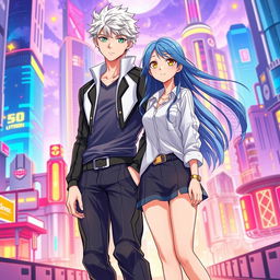 A captivating book cover for a futuristic slice of life romance novel featuring a tall young adult male with short white hair and vivid green eyes