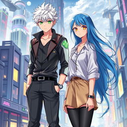 A captivating book cover for a futuristic slice of life romance novel featuring a tall young adult male with short white hair and vivid green eyes