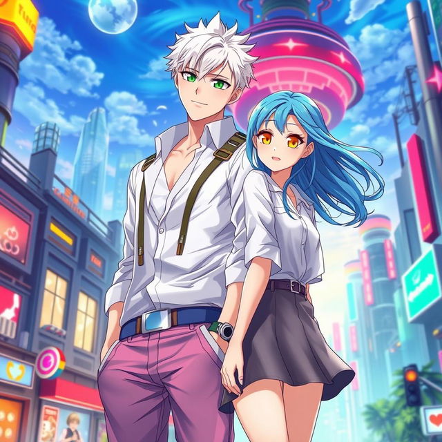 A captivating book cover for a futuristic slice of life romance novel featuring a tall young adult male with short white hair and vivid green eyes