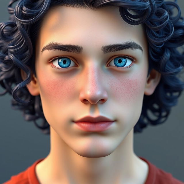 A 3D rendered portrait of a 16-year-old guy with neck-length navy blue curly hair