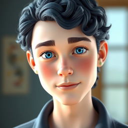 A 3D rendered portrait of a 16-year-old guy with neck-length navy blue curly hair