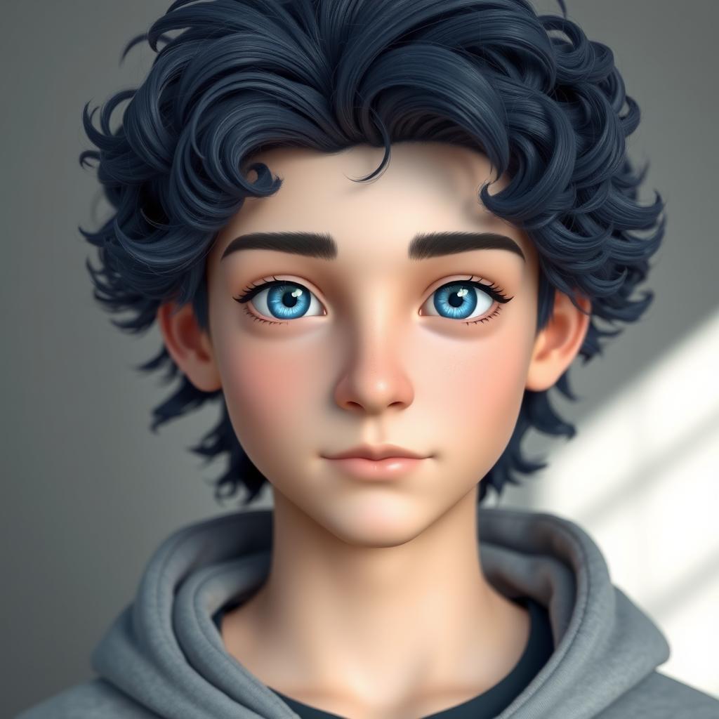 A 3D rendered portrait of a 16-year-old guy with neck-length navy blue curly hair