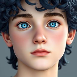 A 3D rendered portrait of a 16-year-old guy with neck-length navy blue curly hair
